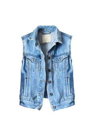 Blue denim vest on white backgroundの写真素材