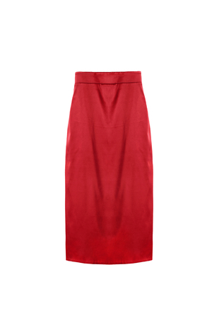 Red silk pencil skirt on white backgroundの写真素材