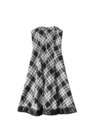 Black and white tartan strapless dress isolated over whiteの写真素材