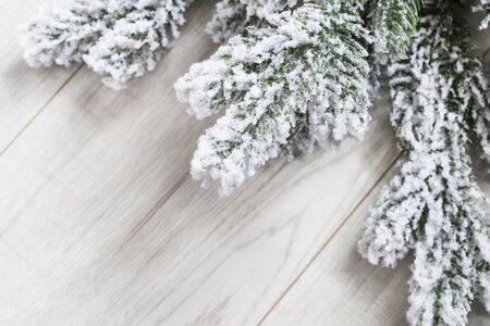Snowy fir-tree branches closeup on white wooden floorの写真素材