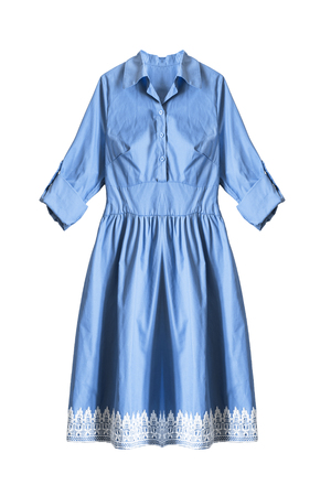 Cotton blue shirt dress isolated over whiteの写真素材