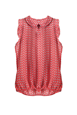 Red chiffon sleeveless blouse on white backgroundの写真素材