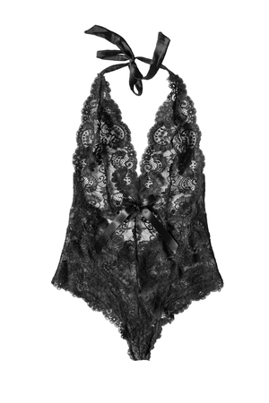 Black lacy lingerie bodysuit isolated over whiteの写真素材