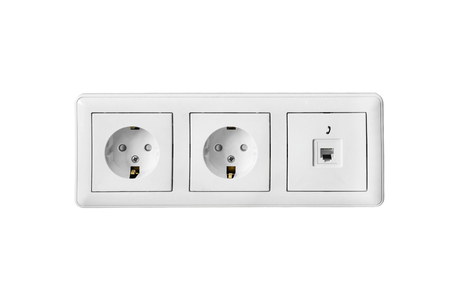 Group of power and telephone sockets on white backgroundの写真素材