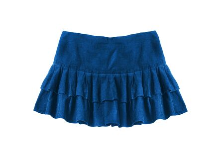 Blue velvet mini skirt with frills isolated over whiteの写真素材