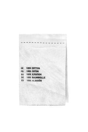 Fabric composition label on white backgroundの写真素材