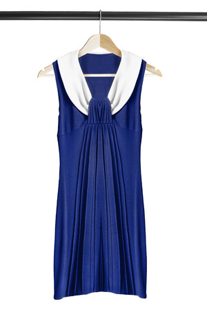 Blue dress with white collar on clothes rack isolated over whiteの写真素材