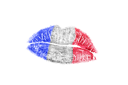 Kiss mark in french flag colors on white backgroundの写真素材