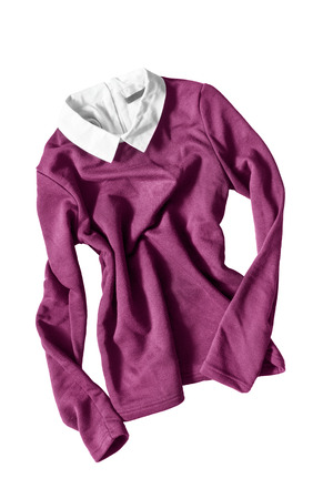 Pink pullover with white collar crumpled on white backgroundの写真素材