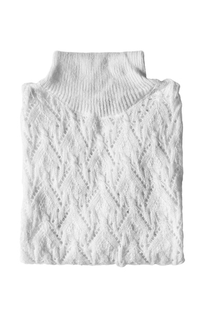 Folded white wool sweater on white backgroundの写真素材