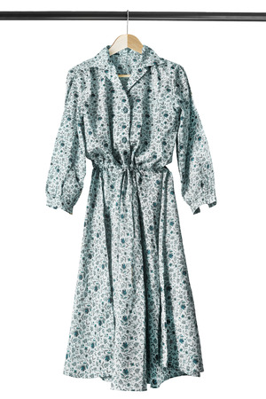 Long silk dress on wooden clothes rack isolated over whiteの写真素材