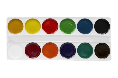 Palette of watercolor paints isolated over whiteの写真素材
