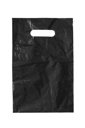 Black blank plastic bag isolated over whiteの写真素材