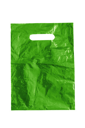 Green blank plastic bag isolated over whiteの写真素材