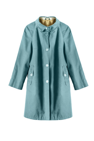 Vintage blue raincoat isolated over whiteの写真素材