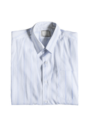Blue striped shirt folded on white backgroundの写真素材