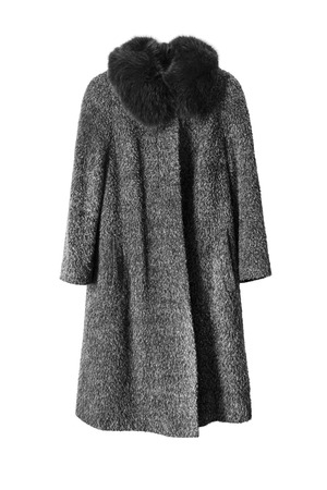 Wool coat with black fur collar on white backgroundの写真素材