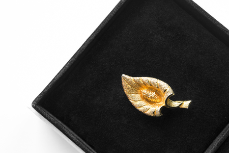 Golden brooch in black jewel box closeupの写真素材
