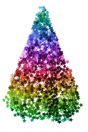 Pile of purple star shaped confetti on white backgroundの写真素材