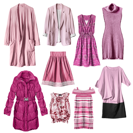 Set of pink woman clothes isolated over whiteの写真素材