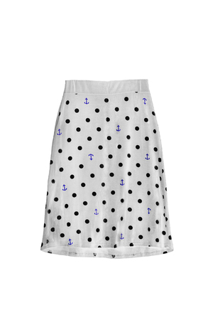 White pencil skirt with black polka dots isolated over whiteの写真素材