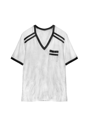 White sport t-shirt with black strips isolated over whiteの写真素材