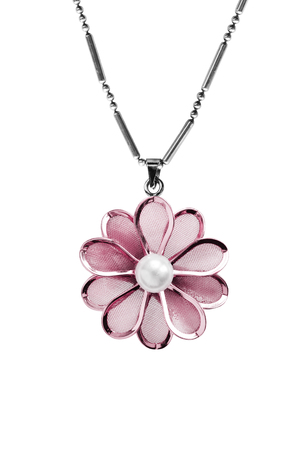 Pink metallic flower pendant on a chain isolated over whiteの写真素材