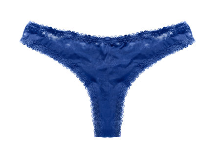 Blue transparent lacy panties isolated over whiteの写真素材