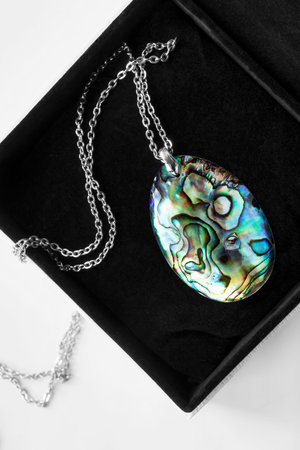 Large colorful nacre medallion on a chain in jewel box closeup