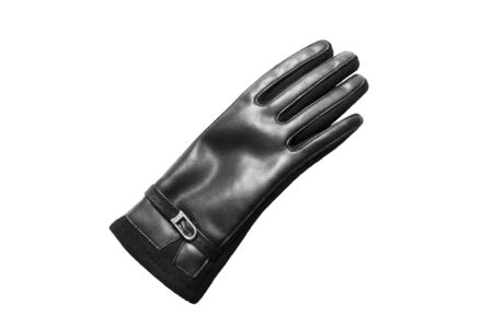 One black leather elegant glove isolated over whiteの写真素材
