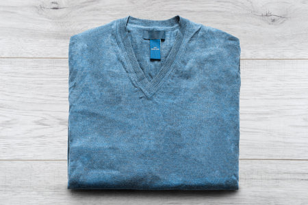Folded blue wool sweater on white wooden background