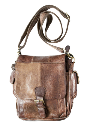 Brown leather shoulder bag on white backgroundの写真素材