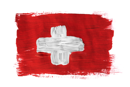 Swiss national flag painted on white backgroundの写真素材