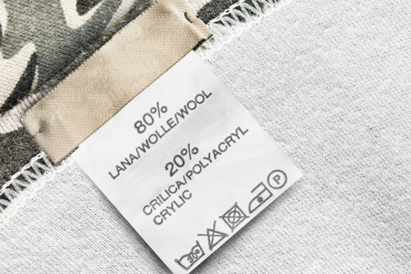 Composition and care clothes label on knitted khaki background closeup