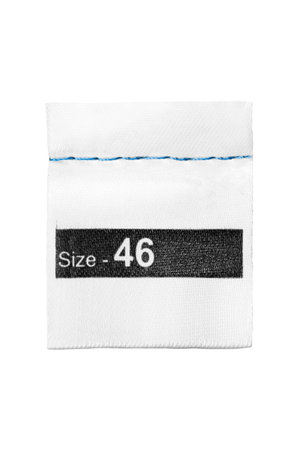 46 size clothes label on white background