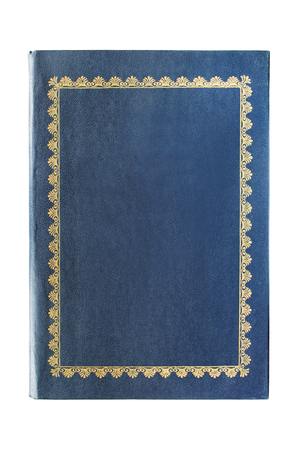 Book with blue gilded blank cover on white backgroundの写真素材