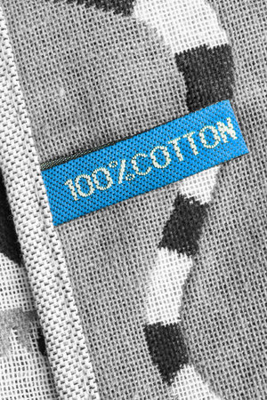 Composition clothes label on grey cotton background