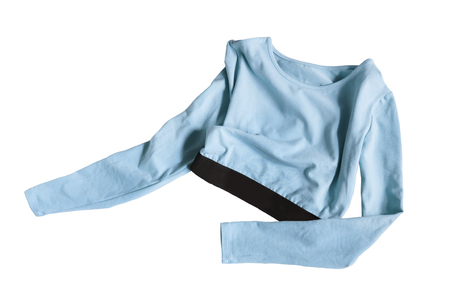 Crumpled blue crop top on white backgroundの写真素材