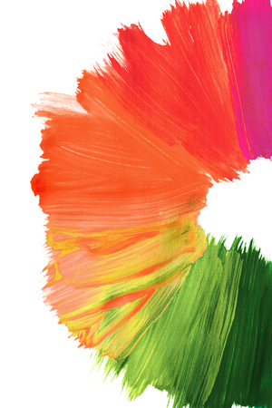 Pink to green paint abstract brush strokes on white backgroundの写真素材