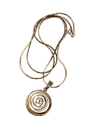 Golden wire spiral pendant on a chain on white backgroundの写真素材