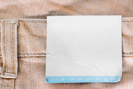 Blank white clothes label on brown denim closeup as a background