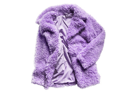 Purple crumpled faux fur coat isolated over white