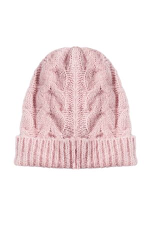 Knitted wool rose casual hat on white backgroundの写真素材