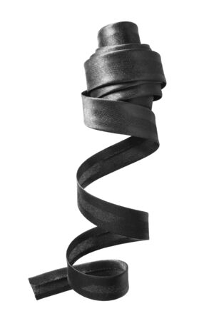 Black satin decorative ribbon isolated over whiteの写真素材