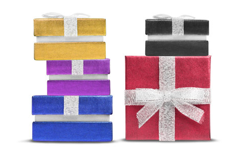 Group of colorful tied gift boxes on white background