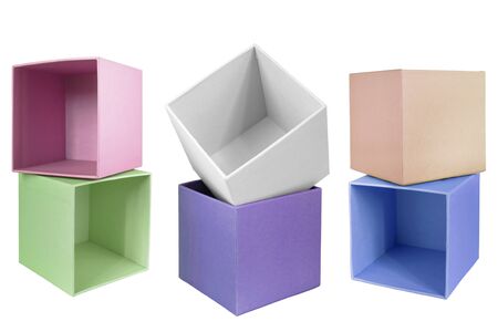 Group of colorful empty carton boxes isolated over whiteの写真素材