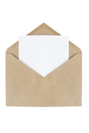 White blank paper in craft paper mail envelope isolated over white