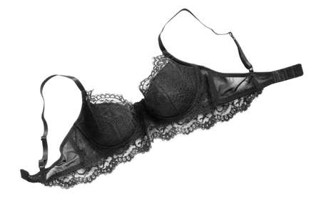 Elegant black lacy push up bra isolated over whiteの写真素材