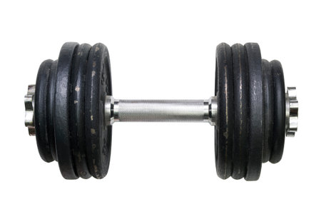 Old metal dumbbell isolated over whiteの写真素材