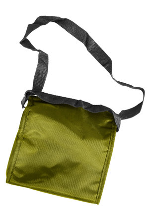 Khaki green waterproof shoulder bag isolated over whiteの写真素材